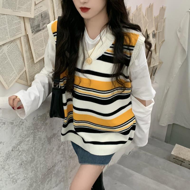 Kamizelka damska swetry na drutach popularny stylowy bez rękawów prosty Model w paski niebieski wypoczynek wiosna dopasowanie luźno projekt odzieży urok: żółty / L