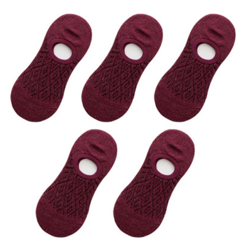 5 Pairs Women Silicone Non-slip Invisible Socks Summer Solid Color Mesh Ankle Boat Socks Female Cotton Slipper No show Socks: Burgundy