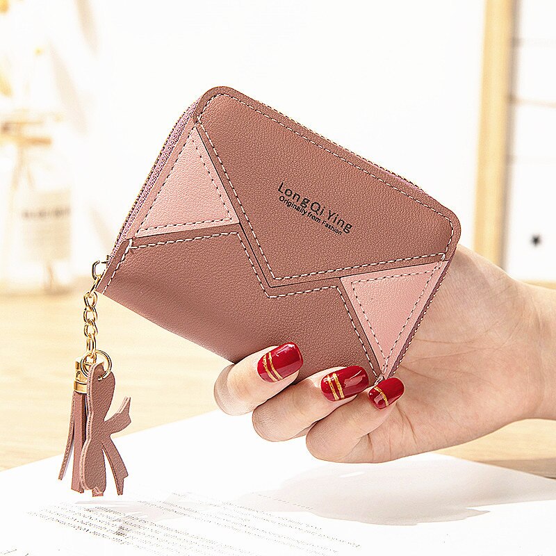 stitching color card clip change small wallet ladies short zipper tassel wallet mini coin purse: Dark pink