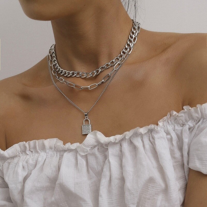 Exknl Gelaagde Crystal Lock Collier Meisjes Leuke Ketting Set Claviclel Kettingen Vrouwen Vrouwelijke Mode Choker Hals Sieraden: silver 3