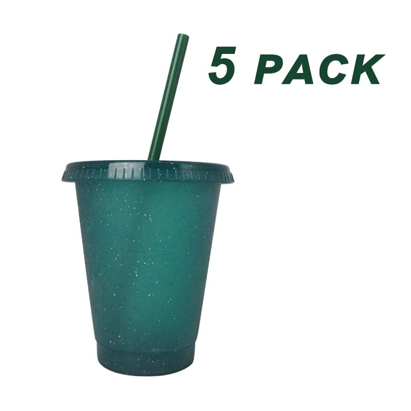 5Pcs/Set Reusable Straw Cup Sequined Glitter Cup Plastic Tumbler With Lid Reusable Plastic Cup Tumbler Cup: 473ml Dark green