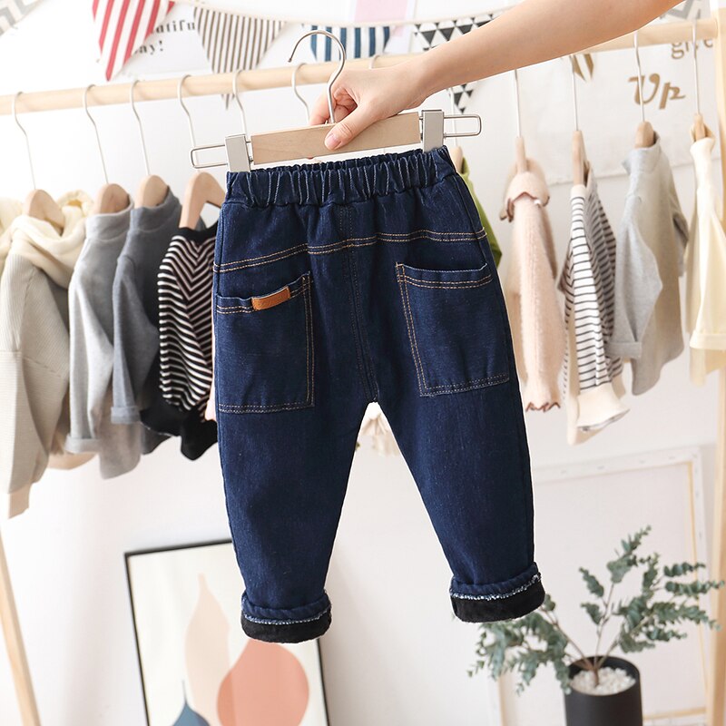Børnetøj klassisk all-match basic stil drenge og piger vinter fleece-forede jeans vindtætte varme jeans børn baby jeans