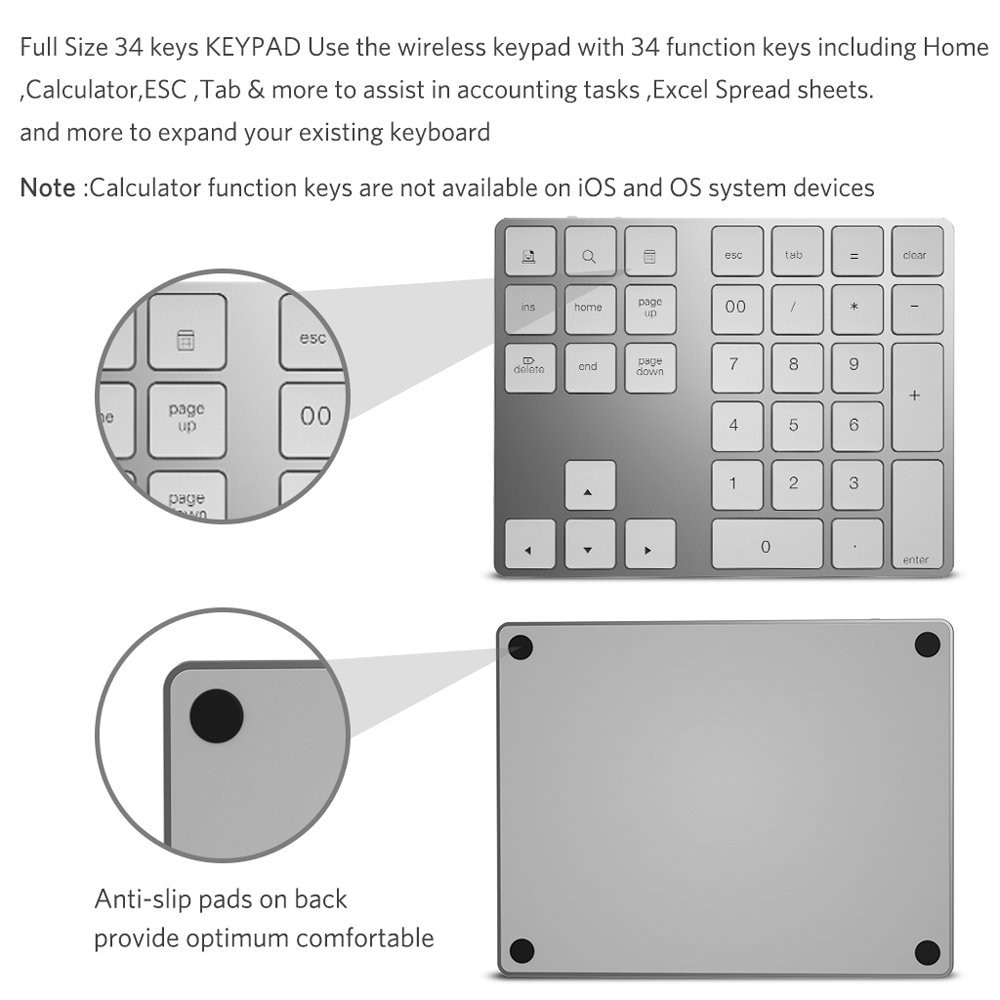 Zienstar Bluetooth Numeric Keypad,Portable Wireless 34-key External Number pads for Computer Laptop,Macbook,Android Tablet