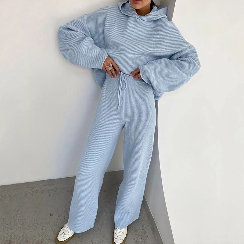 Two-piece Casual Hoodie Sweatshirts Suit Leisure Autumn Winter Pullovers Women Sets Knitted Warm Trousers Outfits: sky blue / XL