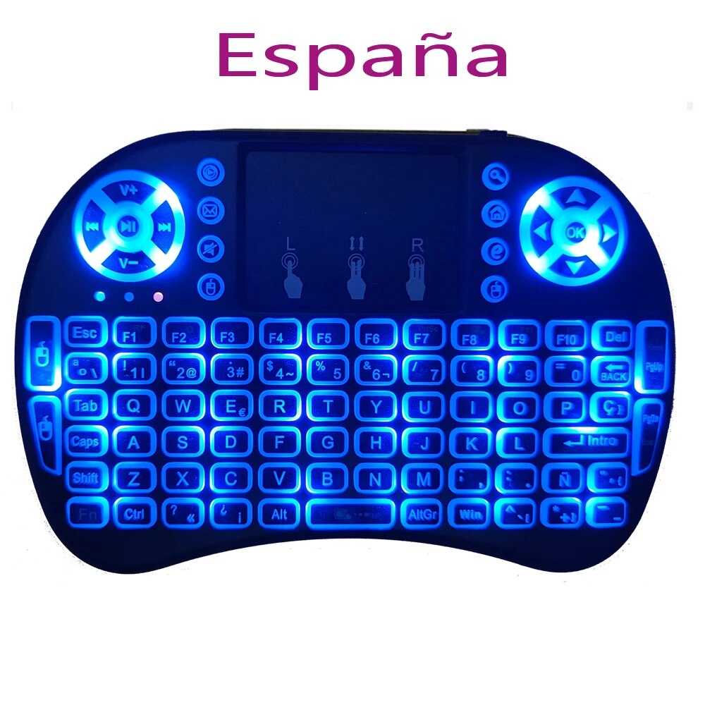 Retroiluminación inglés ruso francés español Portugal Fly Air Mouse 2,4G panel táctil para Android TV Box PC I8 Mini teclado inalámbrico: Marrón / Interruptor azul