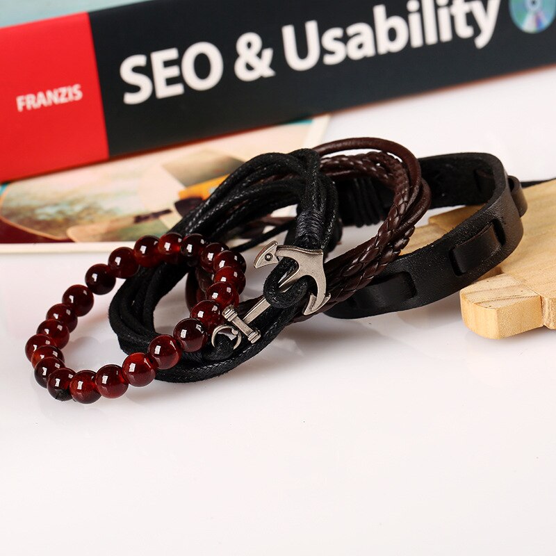 Bricolage Europe et amérique simple rétro tressé ancre en cuir sangles en cuir bracelet multi-couche ensemble bracelet nautique