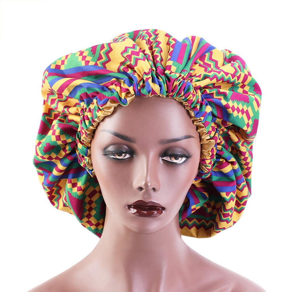 Afrikaanse bloemenprint ronde pet dubbele laag brede band slaap make-up muts satijnen muts haar muts haar muts om te slapen