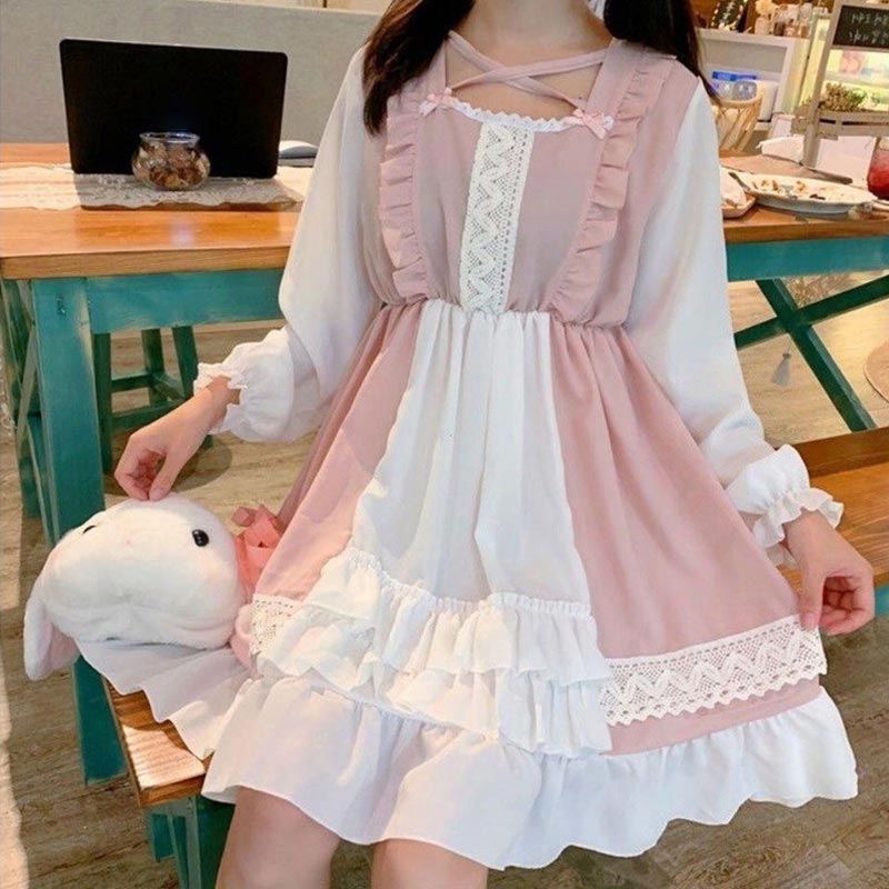 Anbenser Japanese Sweet Loli Dress Op Small Cute Lolita Dresses Girls Schoolgirl Fairy Women Gothic Lolita Dress Kawaii Clothing: Pink / L