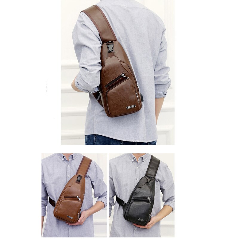 Bolsos de hombro para hombres nueva de Color sólido Casual hombro pecho bolsa de Estuche de transporte de carga USB