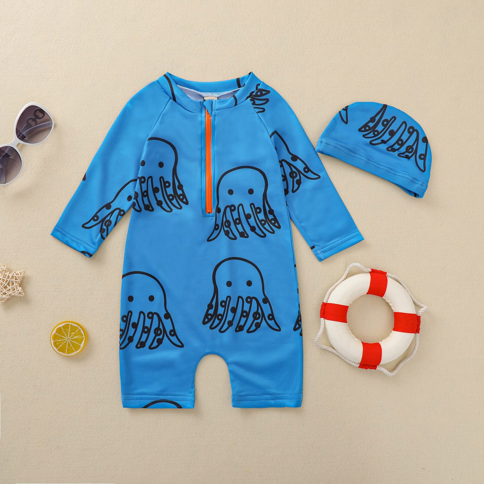 Baby Boy Badmode Een Stuk Badpak 1-6y Peuter Jongens Lange Mouwen Cartoon Swimwears Met Badmuts Kostium Kapielowy