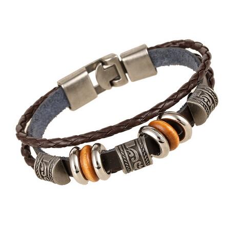 Lucky Vintage-pulsera de cuero trenzada multicapa para hombre y mujer, brazalete de cuentas de madera, pulsera Masculina: DK038Dark Brown