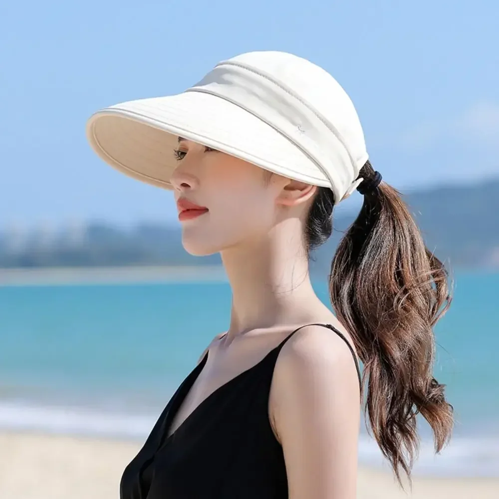 Sombrero de sol de ala ancha para mujer, gorro de cola de caballo desmontable, tapa vacía, protección UV para pesca en la playa al aire libre, Color sólido, 1 ud.: Beige
