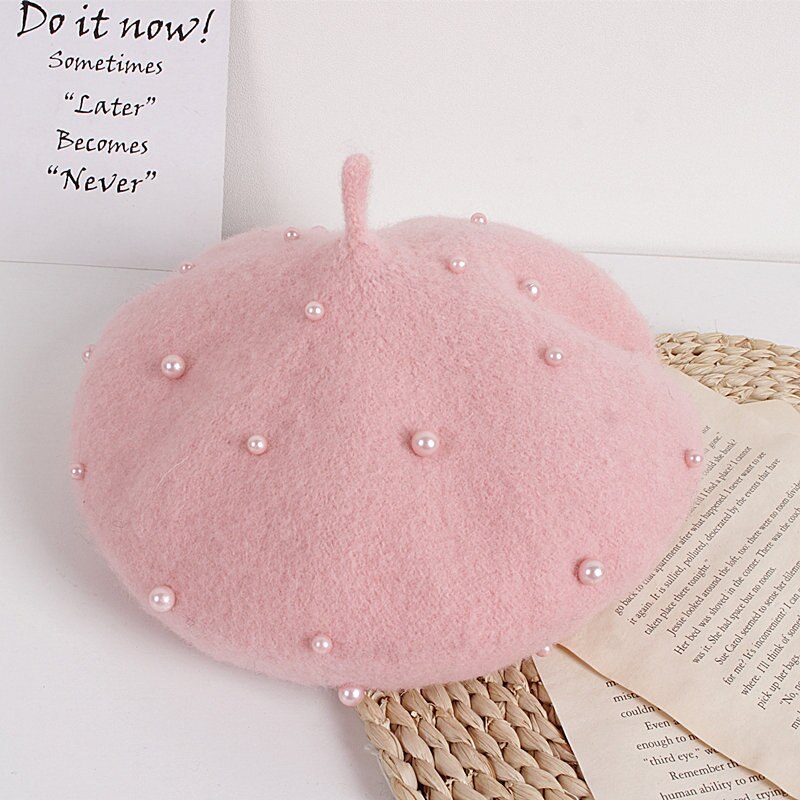 Crianças da criança menina boina de lã chapéu outono inverno quente clássico estilo francês frisado pérola gorro boné moda infantil para 2-8y: F