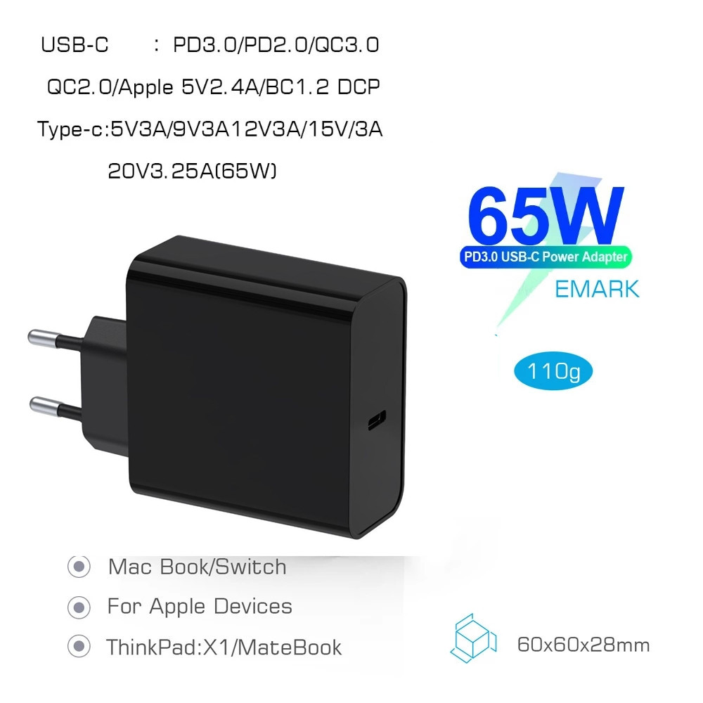 Chargeur USB type-c PD 65W 20V 3,25 a pour ordinateur portable, adaptateur avec câble pour iPad Pro / iPad Airi 4 / MacBook pro thinkpad