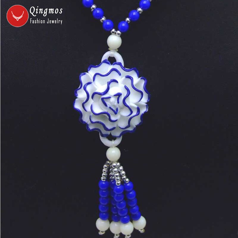 Qingmos 40Mm Red Keramiek Bloem Hanger Ketting Voor Vrouwen Tridacna Wit Shell Giant Clam Lange Ketting 26 &quot;trui: Blue 1