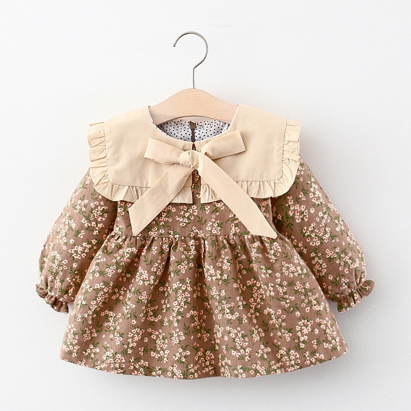 Höst bebis flickor puffärm klänning slagkrage rosett söt vintage kläder prinsessa blommiga vestidos outfits för fest
