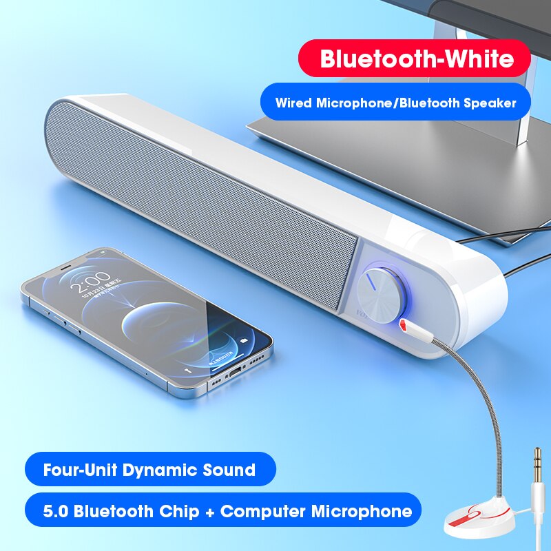 Bluetooth Computer Speaker Bar Wireless Speakers Mic Microphone HiFi Stereo Subwoofer Wired For Laptop PC Aux 3.5mm Loudspeaker: Bluetooth White-Mic