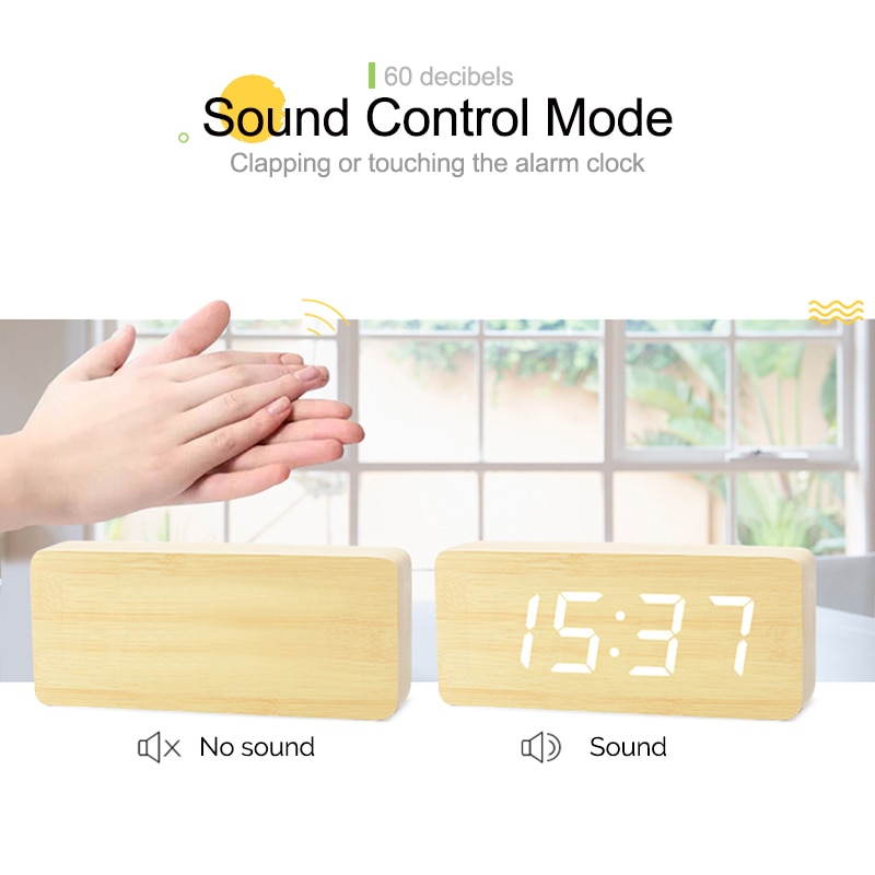 Jinsun Digitale Klokken Led Houten Despertador Moderne Vierkante Kleurrijke Wekker Met Temperatuur Voice Control Desktop Sensor