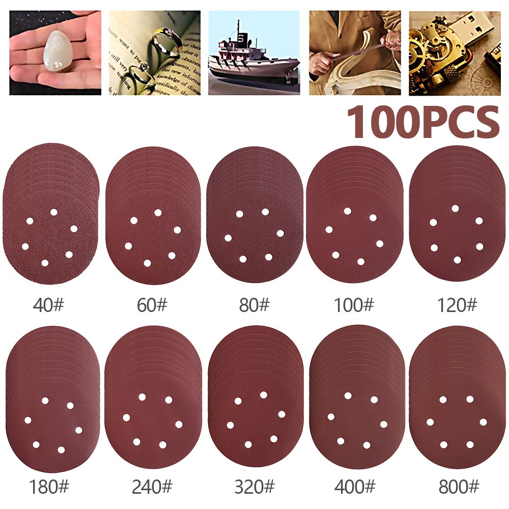 100 Pcs 6In 150mm Round Sandpaper Set Six Hole Disk Sand Sheets Grit 40-800 Sanding Discs Hook Loop Sanding Paper Buffing Sheet: Default Title