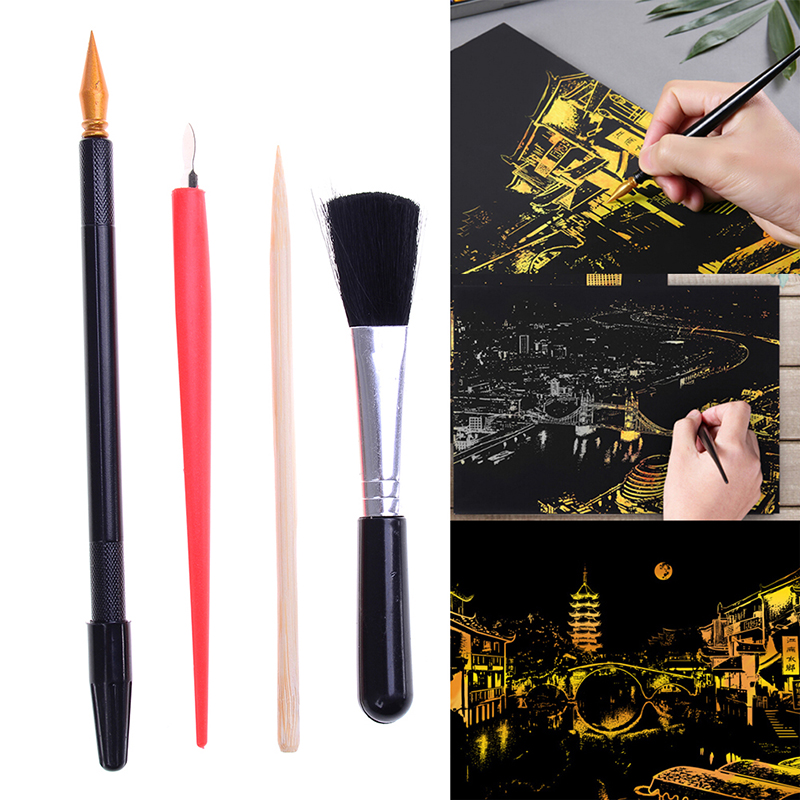 4Pcs Painting Drawing Scratch Arts Set with Stick Scraper Pen Black Brush for Scratch Sketch Art Papers Boards Tools DIY