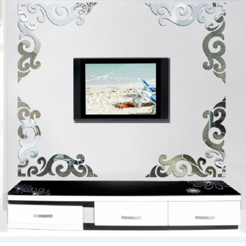 Miroir autocollant 3D en acrylique, 4 pièces, Style européen, bordure de fleur, autocollant mural pour salon, arrière-plan de la télévision, décoration murale