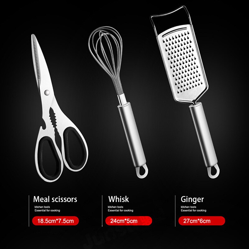 7Pc Kitchen Gadget Set Stainless Steel Multi-purpose Kitchen Grater, Whisk, Can Opener, Pizza Cutter, Peeler, Bowl Dish Pan Clip