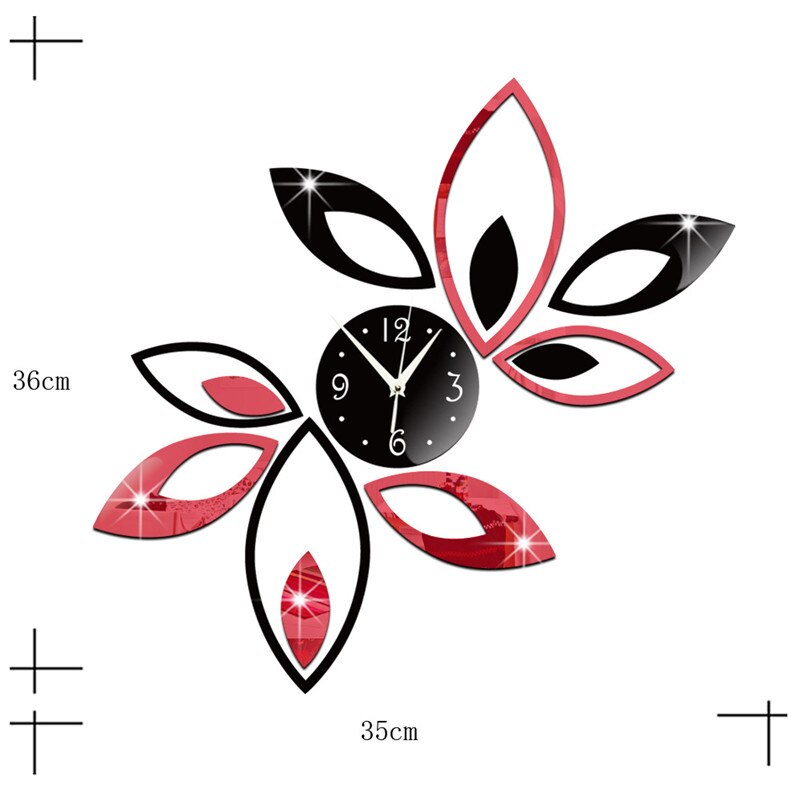 Reloj autoadhesivo 3D para decoración del hogar, pegatina de pared con espejo de loto rojo y negro, estilo nórdico, para sala de estar