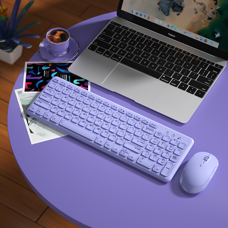 EAOR 96-key Slim Wireless Keyboard 2.4G Silent Keyboard Mouse Combo Cute Wireless Office Keyboard Mouse Kit for Laptop Desktop: Purple with Mouse