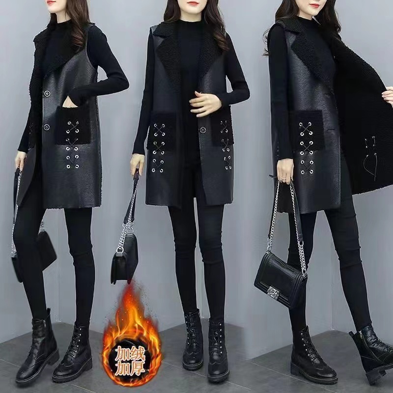 Gilet in pelle PU female2024autunno inverno nuovo gilet lungo giacca senza maniche spessa di alta qualità donna Top Overwear di grandi dimensioni