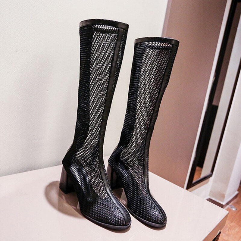 Botas gruesas con cremallera sandalias romanas de malla caladas para mujer Primavera y novedad de verano botas de tacón alto para mujer