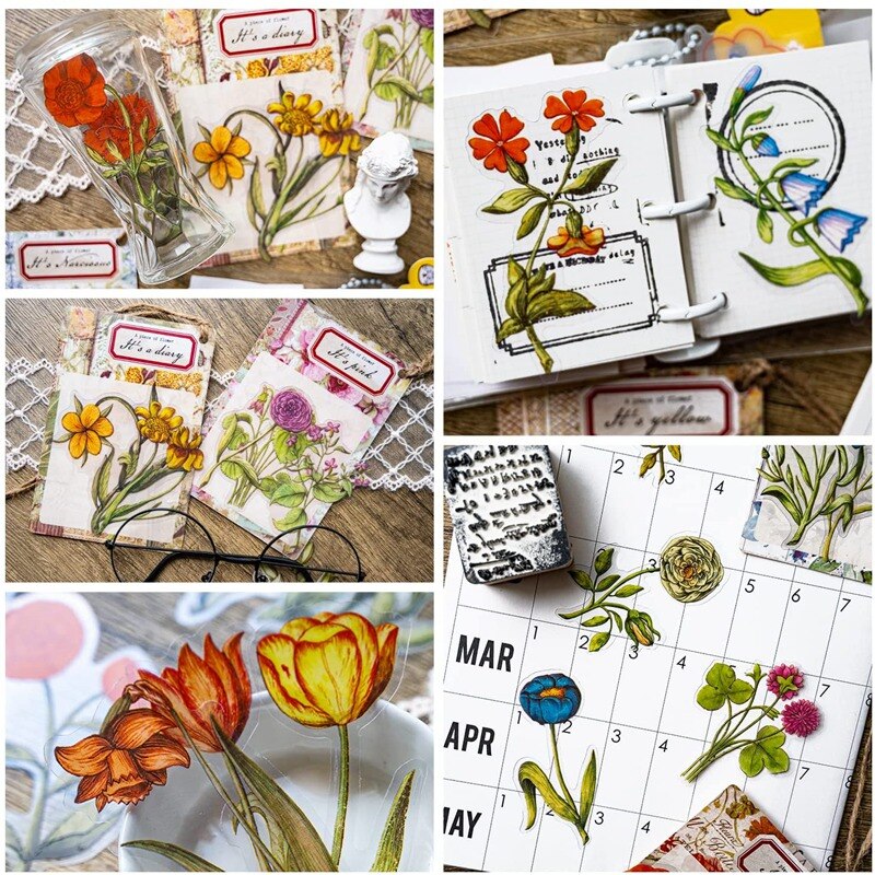 6 Packs Scrapbook Stickers Flower Stickers Decoration Sticker Planner Stickers Assorted in Plant Stickers Clear PET