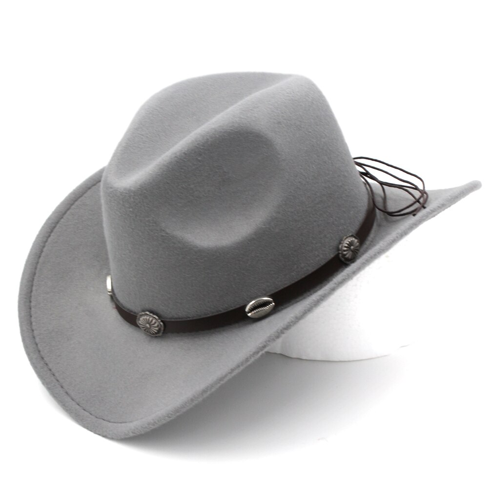 Mistdawn vintage stil bred skygge western cowboy hat cowgirl cap australsk stil hat m / læderbånd størrelse 56-58cm: Grå