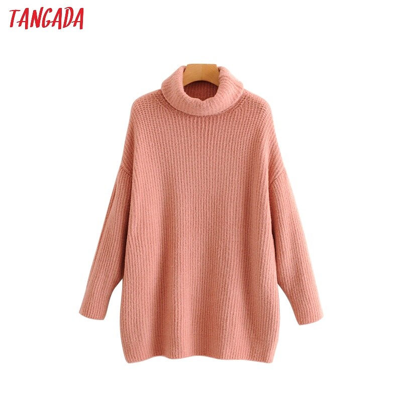 Tangada kvinder solide sweaters rullekravetrøjer oversize efterår vinter lang sweater frakke flagermusærmer løst strik top  hy31