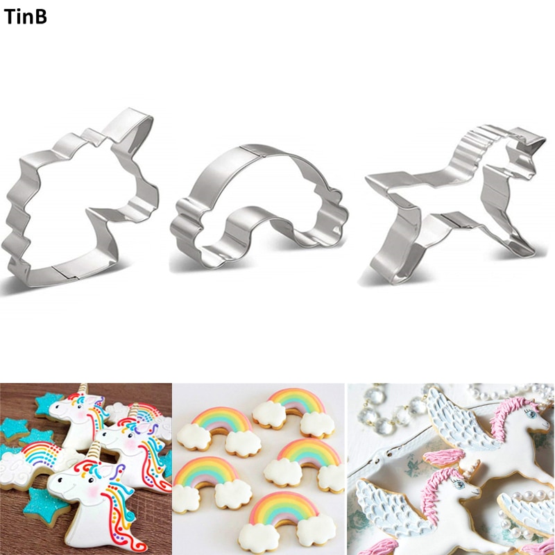 3Pcs Eenhoorn Cookie Cutter Set Bakken Tools Rvs Regenboog Gebak Brood Biscuit Fondant Cutter Voor Kinderen Verjaardagsfeestje