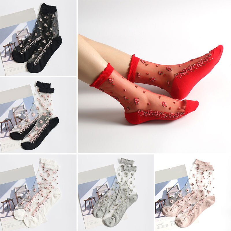 Chaussettes courtes élastiques à fleurs de Rose pour filles, chaussettes d'été respirantes Ultra fines en dentelle transparente, chaussettes en cristal pour femmes