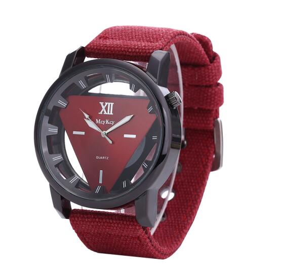 Relogio Feminino Vrouwen Horloge Skeleton Horloges Driehoek Horloge Stijl Unisex Eenvoudige Quartz Horloge Canvas Band Horloge: red