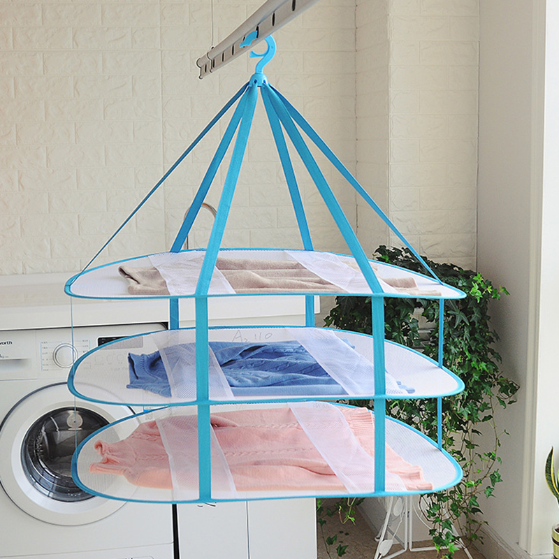 3 Layers Folding Drying Racks & Nets Mesh Blue Sweater Underwear Bra Hanging Basket Laundry Storage & Organization