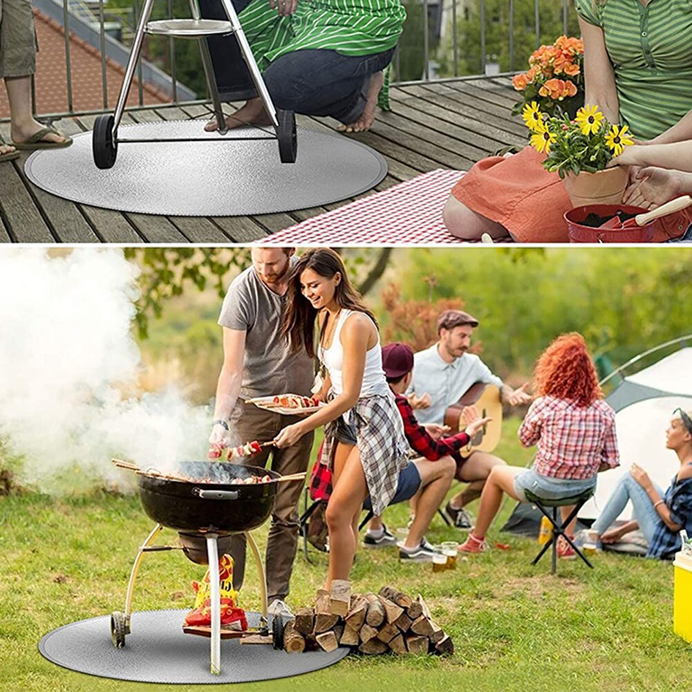 Fire Pit Mat Under Grill Fire Pit Pad BBQ Fireproof Deck Defender Round for Floor Patio Lawn Outdoor Camping 24inch Silver