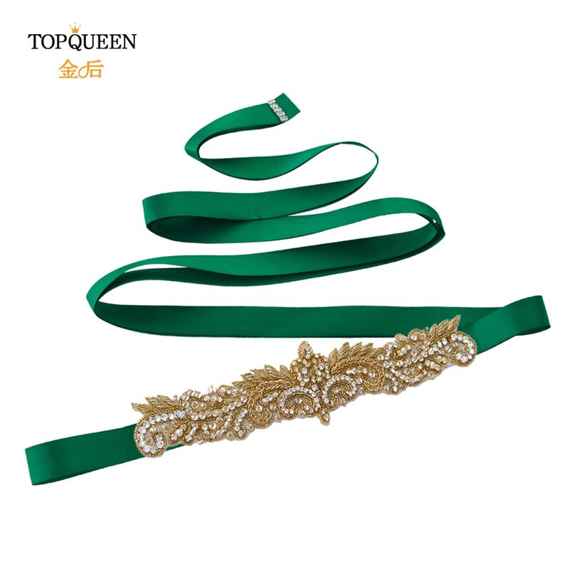 Topqueen  s375- g gull rhinestone midjebelte kvinner beaded bryllup belter india blonder brude sash belte gull belte for formell kjole: Grønn