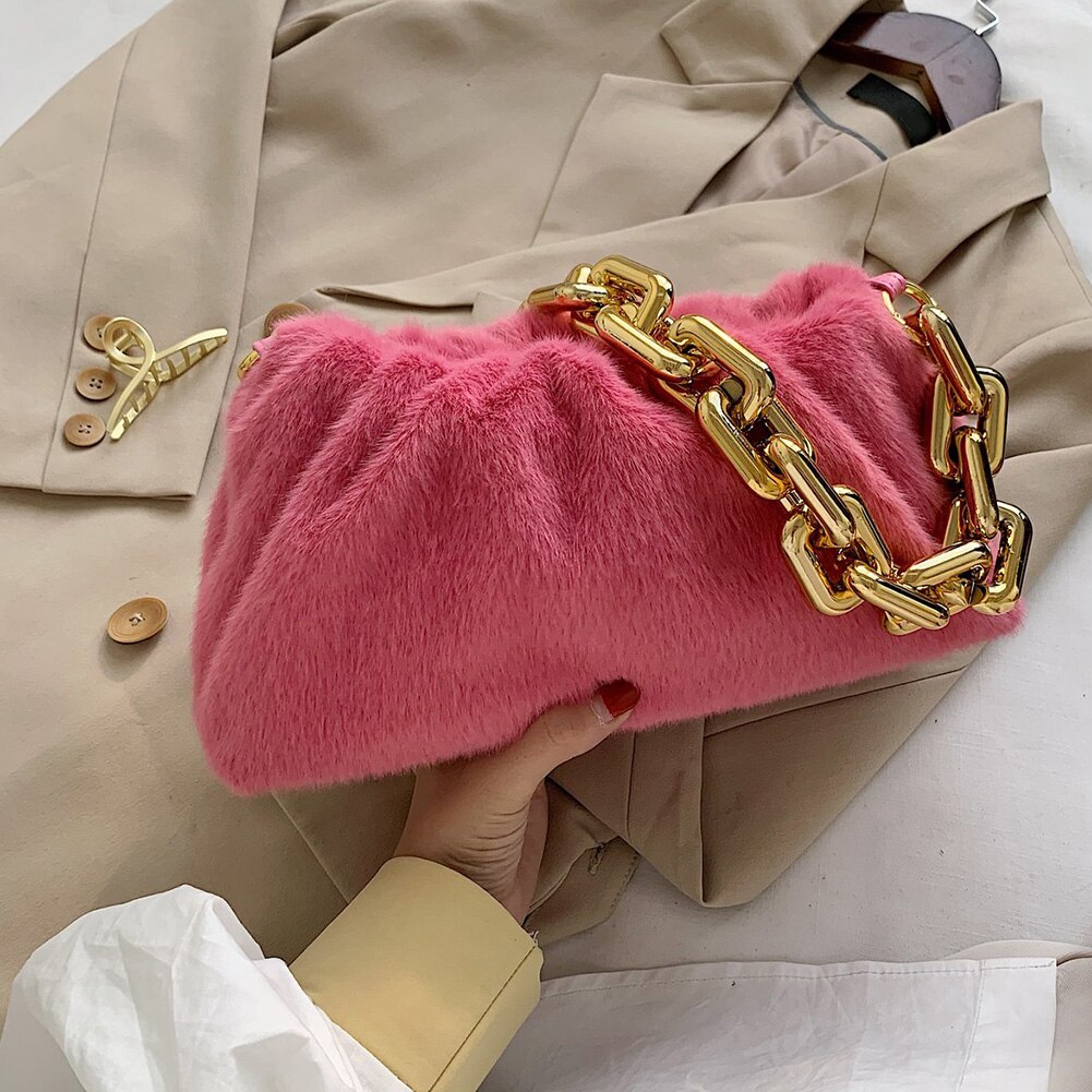 Vrouwen Cloud Handtas Totes Pluche Zachte Toevallige Dame Dikke Chain Purse Reizen Schouder Onderarm Top-Handvat Tassen: Roze