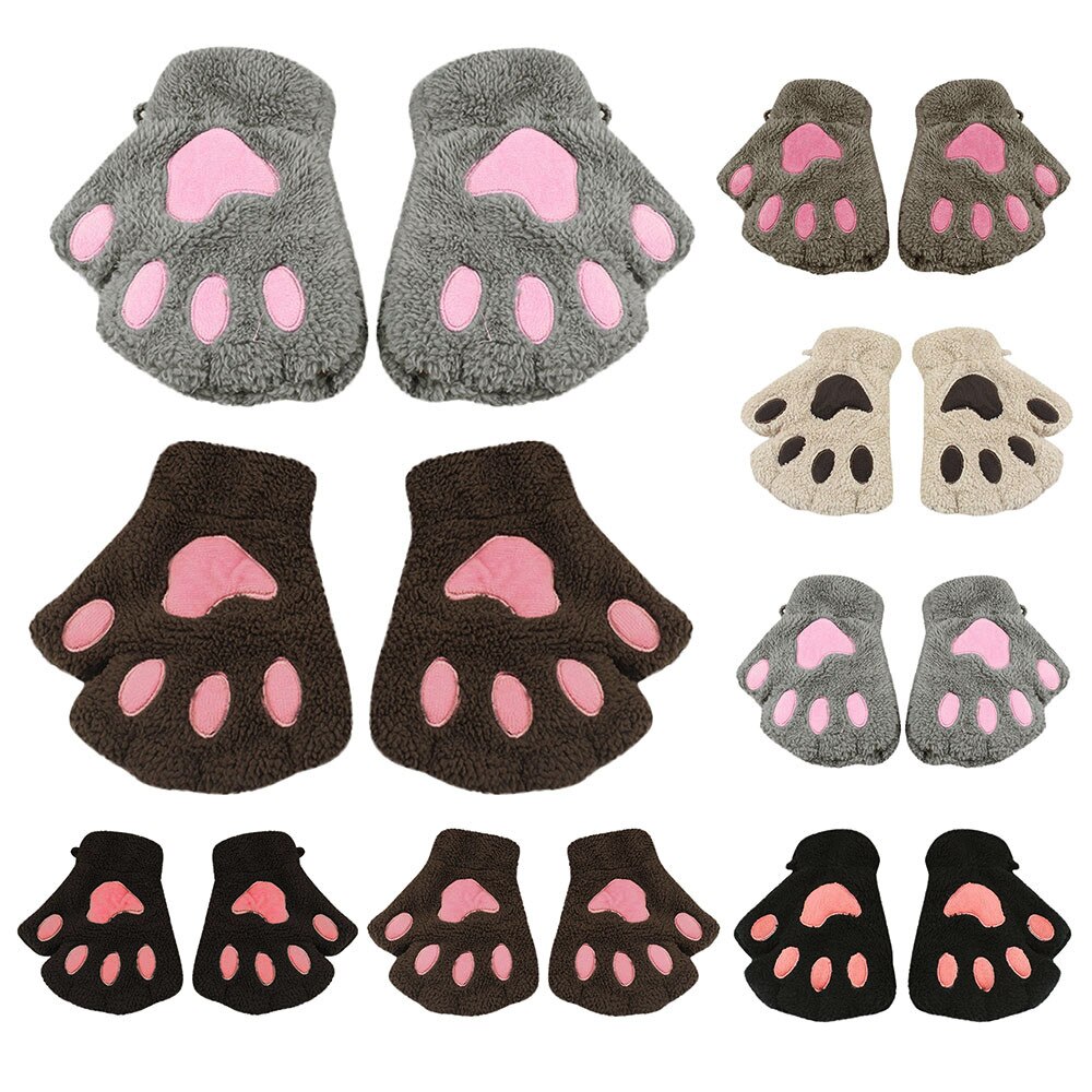 Winter Handschoenen Kids Leuke Cartoon Meisje Kat Claw Paw Vingerloze Winter Warmer Half Vinger Handschoenen Mitten YE11.5