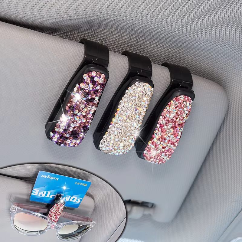 Support de pare-soleil pour lunettes de soleil, support en strass, lunettes de soleil portables, Clip en cristal pour voiture, accessoires de décoration