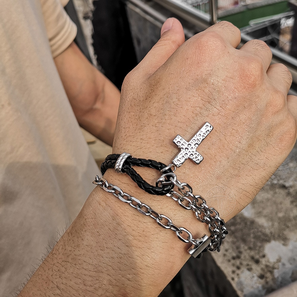 Bracelet for Men Double Layered Stainless Steel Cable Chain Black Punk Man-made Leather Cross Charm Mens Bracelet LDLB195