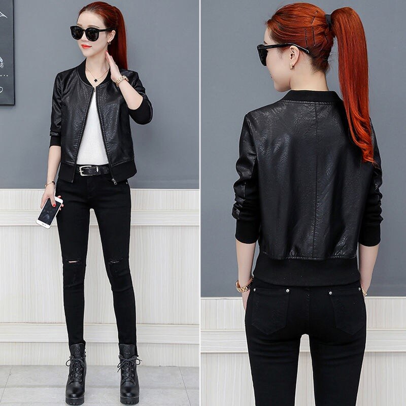 Vangull Spring Leather Jacket Women Black Color Mandarin Collar Zippers Short Female Faux Leather Jackets