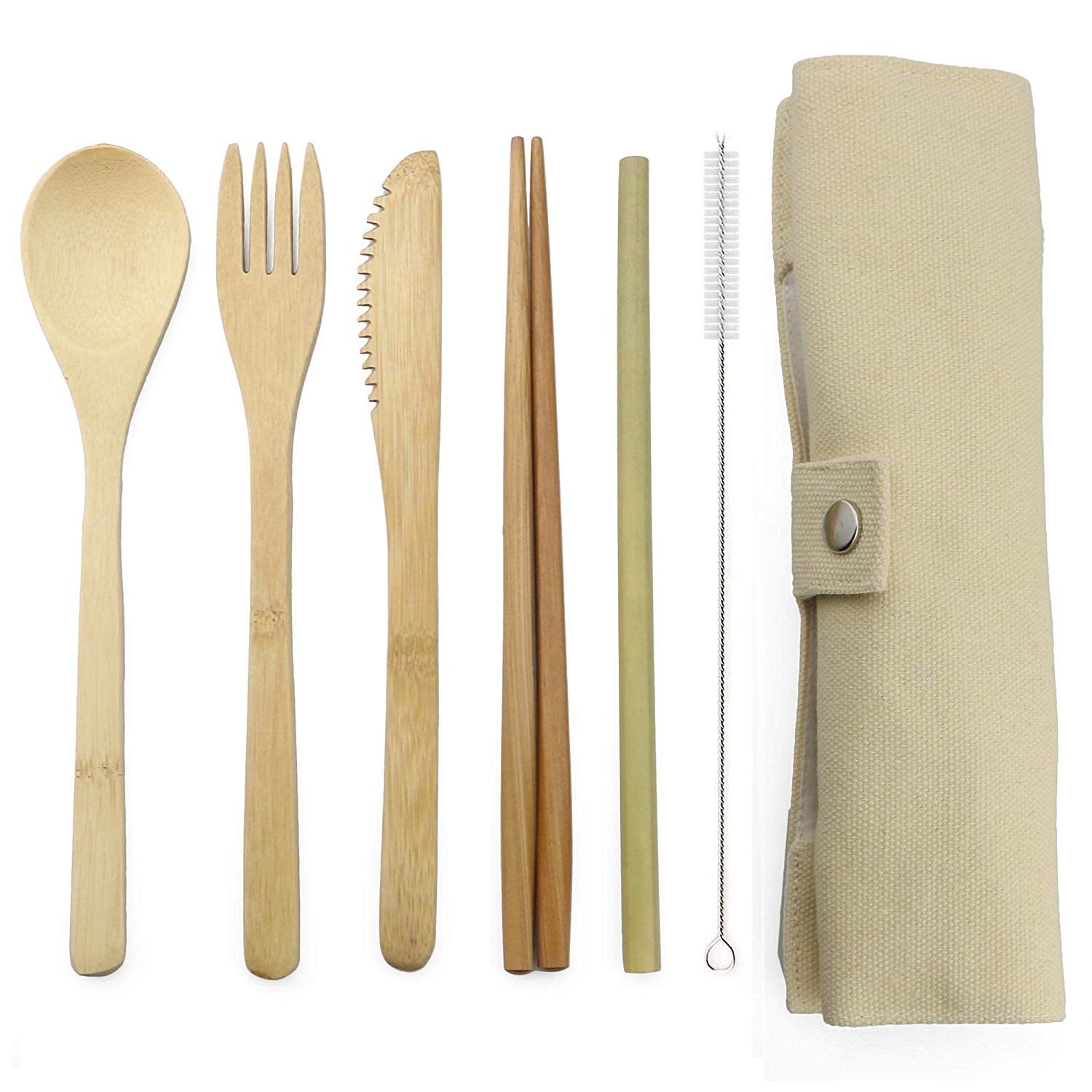 7-Piece Wooden Flatware Cutlery Set Bamboo Straw Set With Cloth Bag Knives Fork Spoon Chopsticks Travel: 2set / Beige