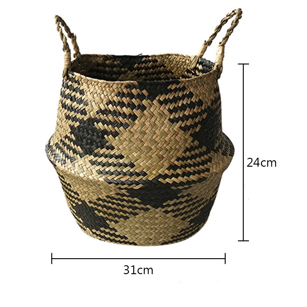 Big Capacity Checkered Seagrass Storage Baskets laundry Wicker Flower Toy Basket Organizer Eco-Friendly Bags for Kitchen Bedroom: W31 H24Black