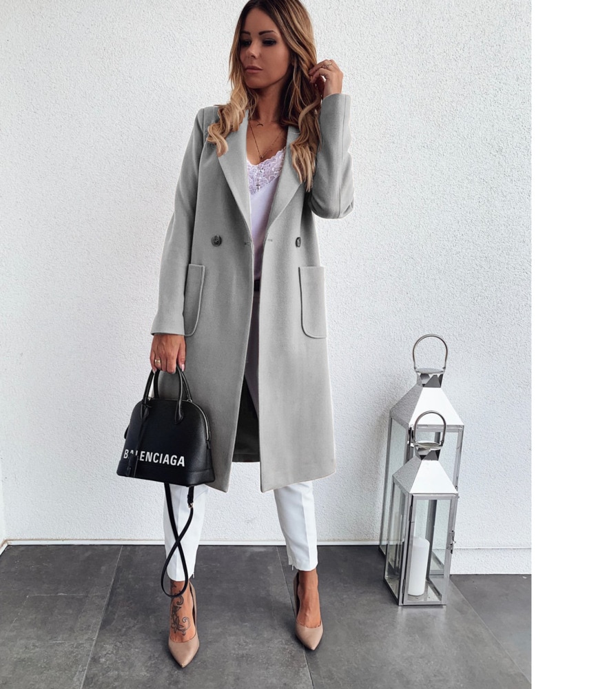 Herfst En Winter Effen Kleur Lange Mouwen Jas Jackes Vrouwen Casual Dubbele Zak Kraag Wollen Jas Voor Vrouwen