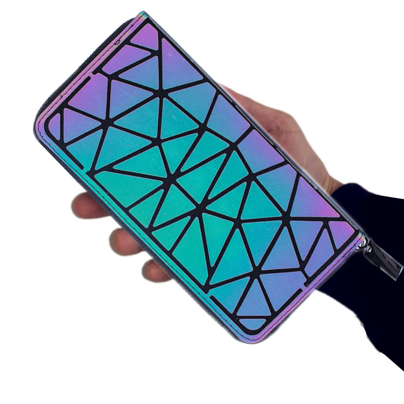 Luminous long zipper wallet for women.Geometric rhombus cell phone wallet/multi-card credit card holder and coin purse