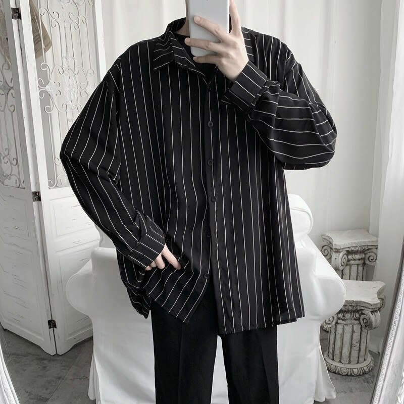 Iefb herr randiga skjortor höst herr långärmad lös skjorta herr oversized toppskjorta solskyddskläder  hd371: M
