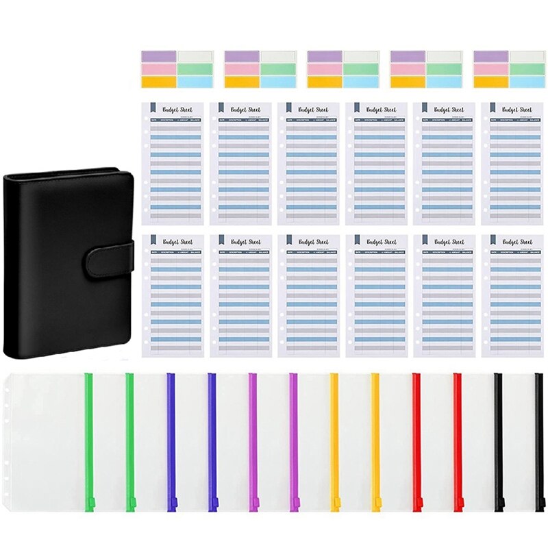 PU Leather Notebook Binder Budget Planner Organizer Binder Cover, with Binder Pockets, Expense Budget Sheets: Black